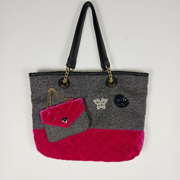 Betsey Johnson Bag Trendy Shopper Pink Velvet Gray Tweed - Picture 1 of 16